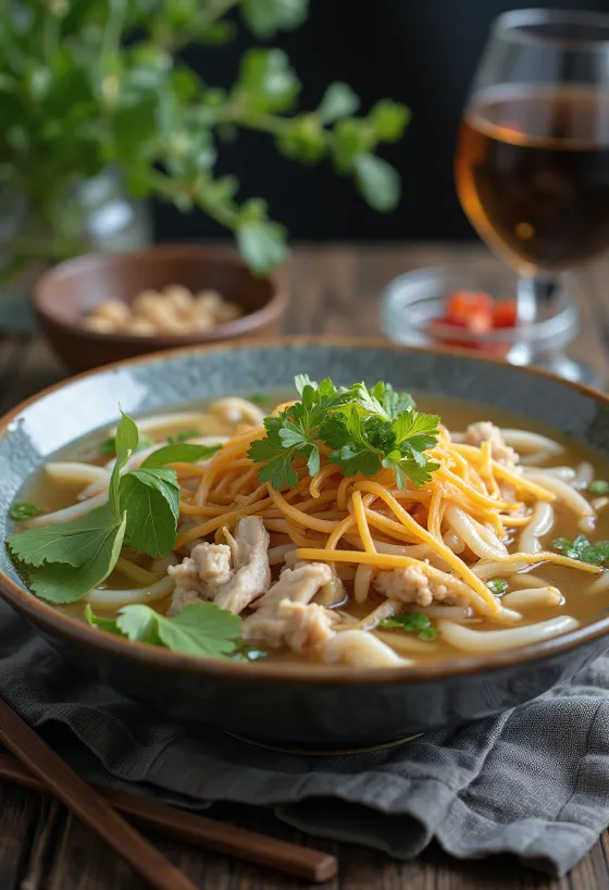 Pho Ga servido con fideos de arroz, hierbas frescas y lima