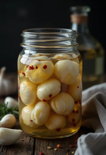 Ajos encurtidos en un tarro de cristal
