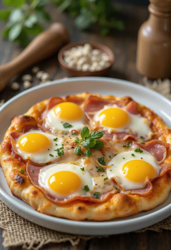 Pizza Bismarck con huevo y jamón