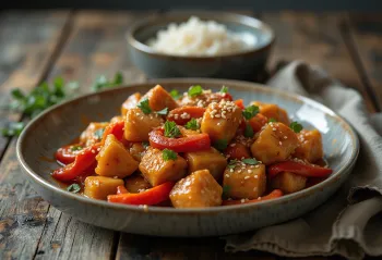 Moa de pollo con sésamo tostado servido con verduras y sésamo crujiente