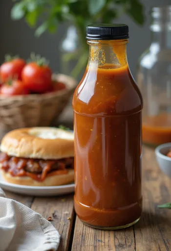 Salsa barbacoa de tomate a la cerveza en un bol, junto a carnes a la parrilla.
