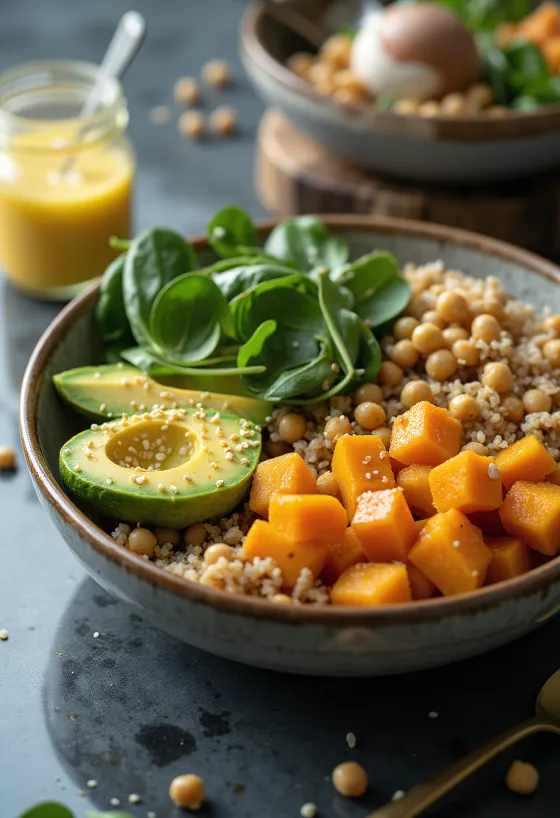 Buddha Bowl de quinoa y calabaza con verduras frescas