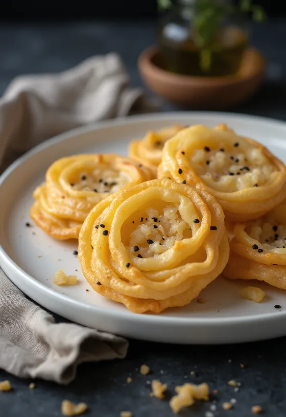 Bolas de coco Achappam recién fritas y doradas, dispuestas en un cuenco.