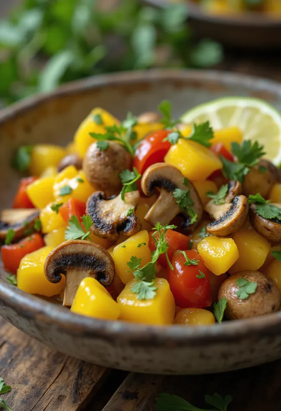 Ackee con champiñones, un plato delicioso servido con cilantro fresco y rodajas de lima