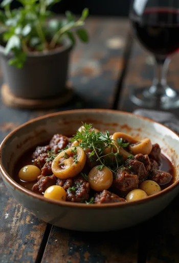 Boeuf Bourguignon servido con puré de patatas