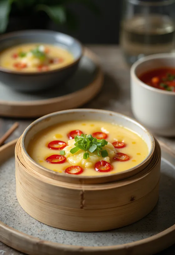 Chawanmushi picante con chili, plato de huevo rico servido