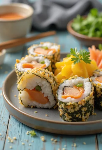 Kimbap de pollo, rollos coreanos espolvoreados con sésamo