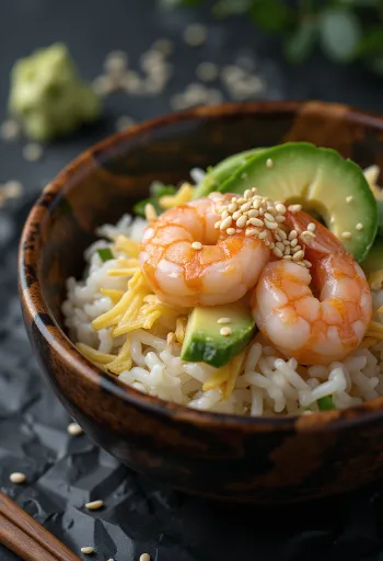 Chirashizushi con gambas y verduras sobre arroz de sushi