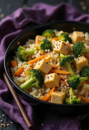 Wok de quinoa al curry con tofu y tahini, servido con verduras salteadas