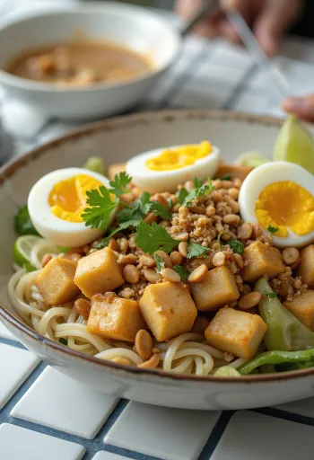 Gado-gado con fideos de arroz, tofu y verduras frescas, cacahuetes y cilantro