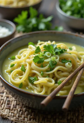 Fideos al curry verde con leche de coco y verduras exóticas