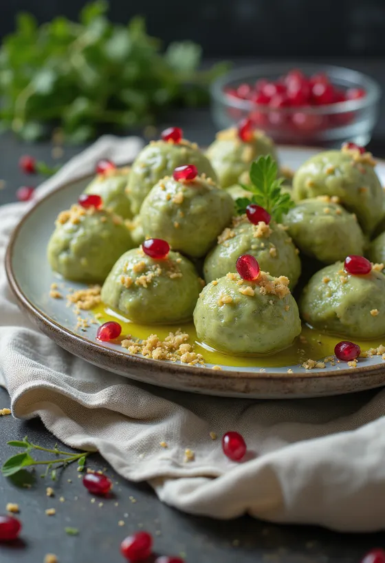 Pkhali de judías verdes servido con cilantro fresco y granada