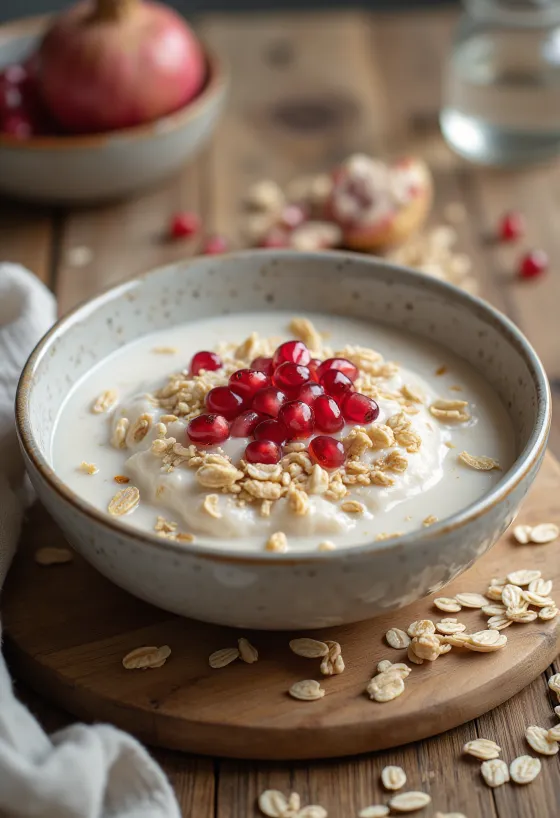 Kéfir de avena con granada servido en vasos, bebida de textura cremosa con semillas de granada rosas encima
