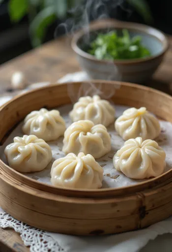 Dumpling vietnamita de cerdo al vapor con masa cocida emplatado