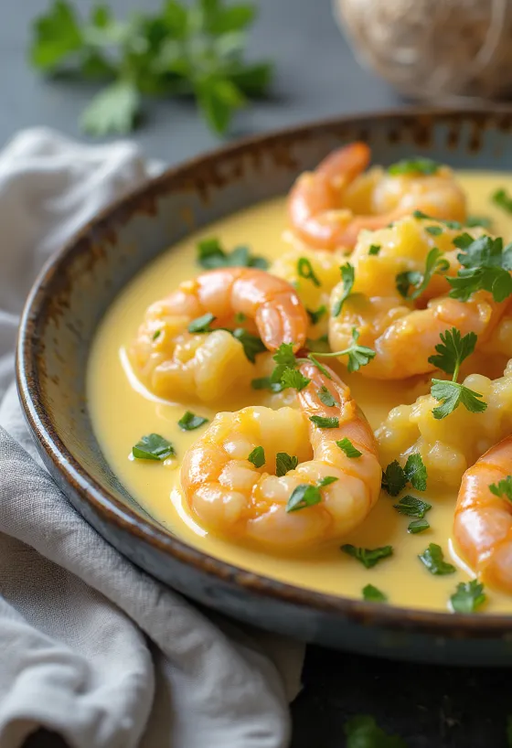 Chingri malai con leche de coco, rico plato de gambas usando leche de coco y chile verde