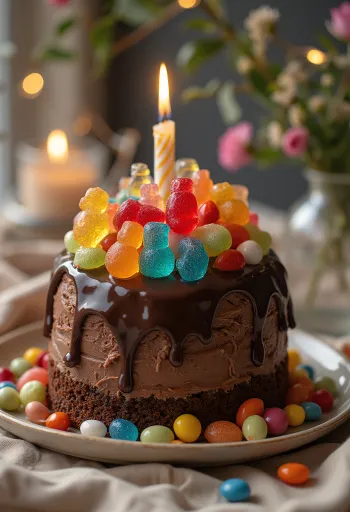 Tarta Candy de chocolate con chuches y perlas