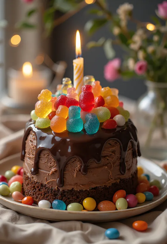 Tarta Candy de chocolate con chuches y perlas