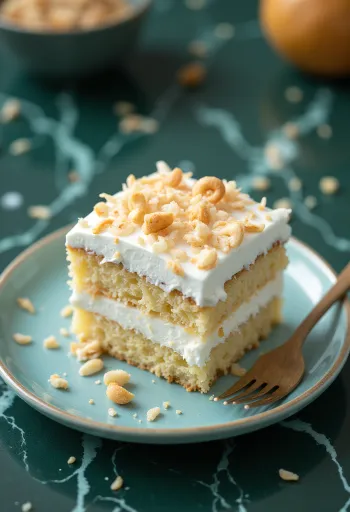 Tarta mousse de coco servida con coco rallado