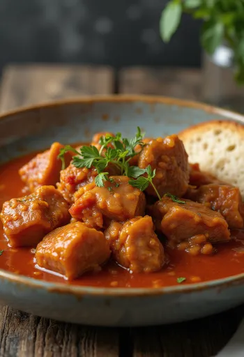 Estofado de cerdo servido con patatas y perejil fresco