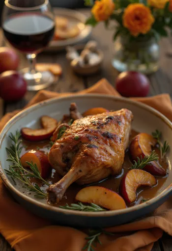 Muslo de pato asado crujiente servido con puré de patatas y col lombarda estofada