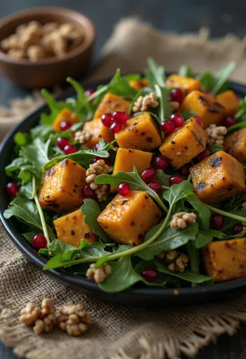 Ensalada de calabaza y tofu emplatada
