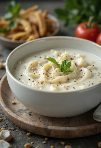 Salsa de ajo especiada a la crema en un bol, decorada con perejil fresco.