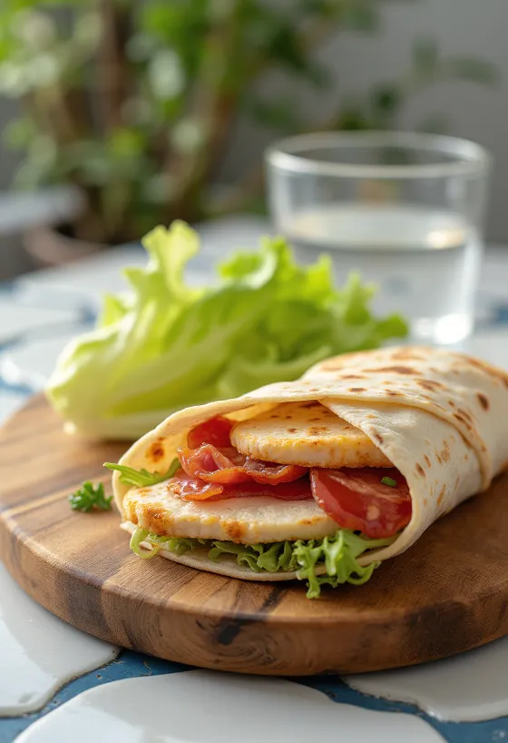 Wrap club sándwich con pechuga de pollo, bacon, queso y tomate, servido cortado por la mitad
