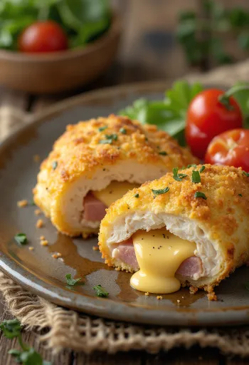 Cordon bleu servido con ensalada fresca y patatas fritas