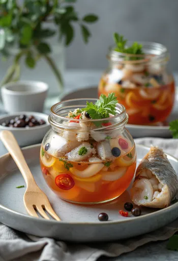 Caballa encurtida picante con especias en tarro