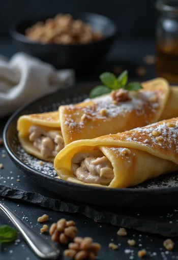 Crêpes de nuez servidos con salsa de chocolate