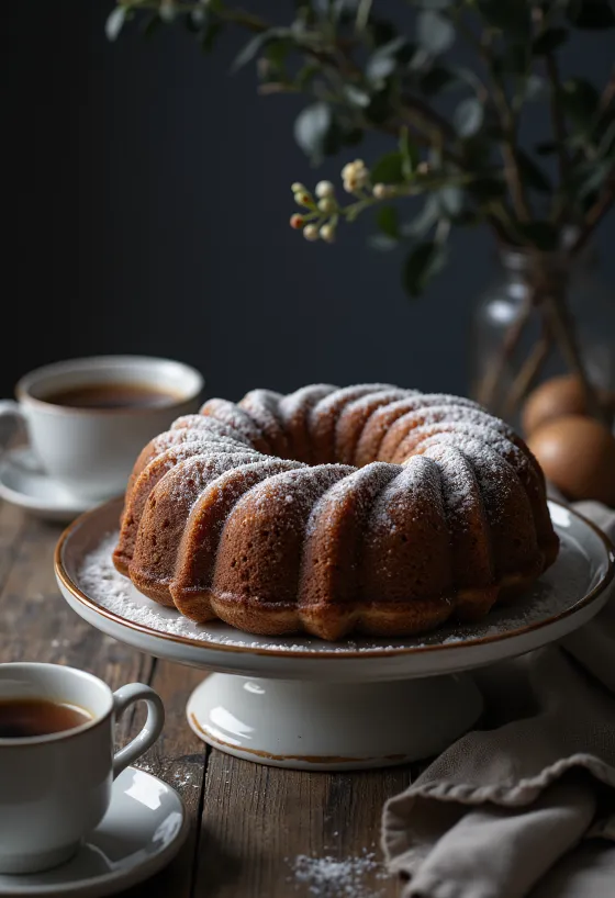 Bundt cake de castañas y canela espolvoreado con azúcar