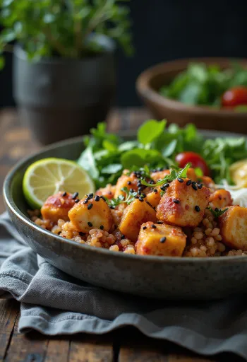 Buddha Bowl de quinoa con tofu a la lima y crema de tahini y remolacha servido