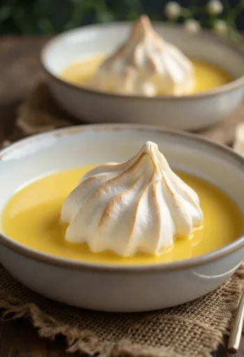 Isla flotante servida en copas, decorada con crema de vainilla y clara de huevo