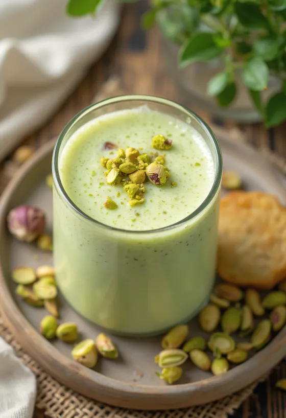 Lassi de pistacho, con yogur cremoso y lima fresca, aromatizado con agua de rosas