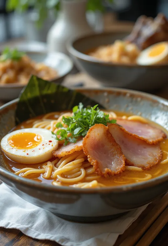 Bol de ramen con jamón asado, fideos y guarniciones