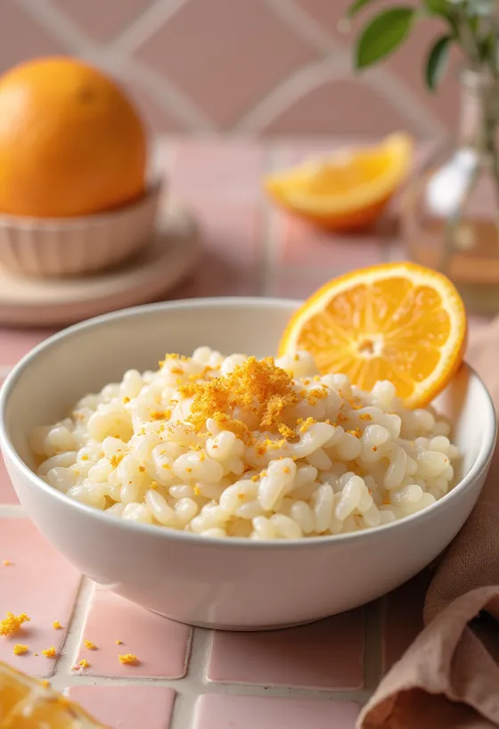 Risengrød cremoso servido con piel de naranja recién rallada y canela