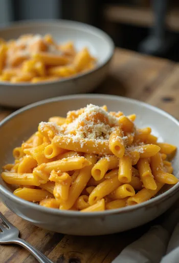 Pasta con calabaza y albahaca emplatada