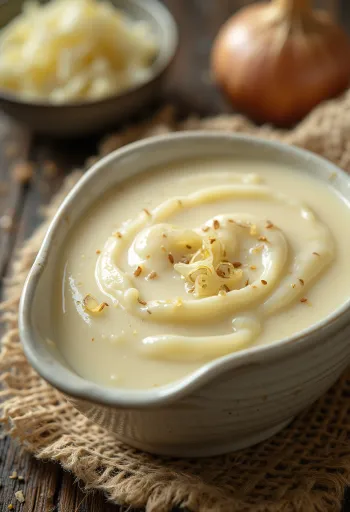 Salsa de mantequilla a la crema con chalotas en un bol, decorada con tomillo fresco.