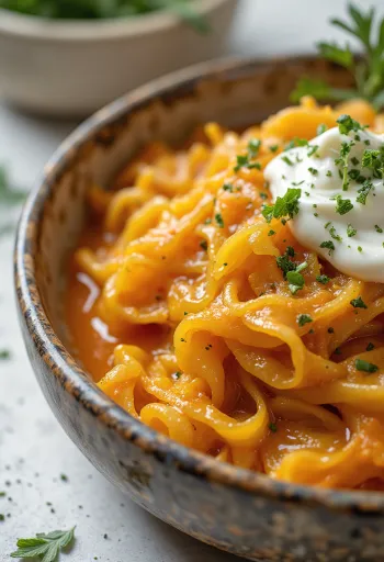 Guiso de chucrut vegano con seitán servido