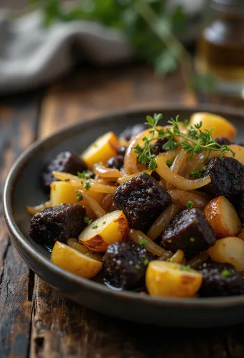 Black pudding estilo Sneem servido con patatas y perejil