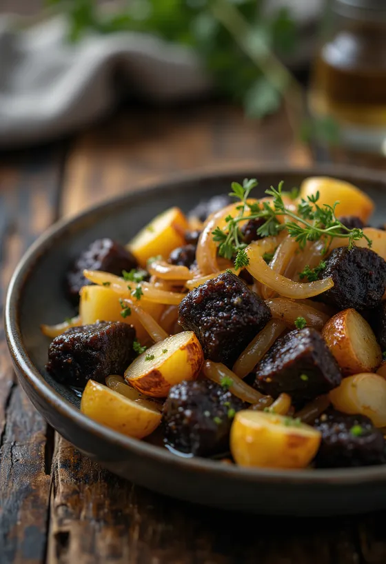 Black pudding estilo Sneem servido con patatas y perejil