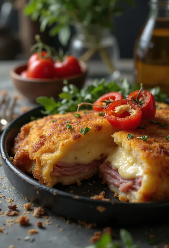 Cachopo servido con patatas fritas y limón
