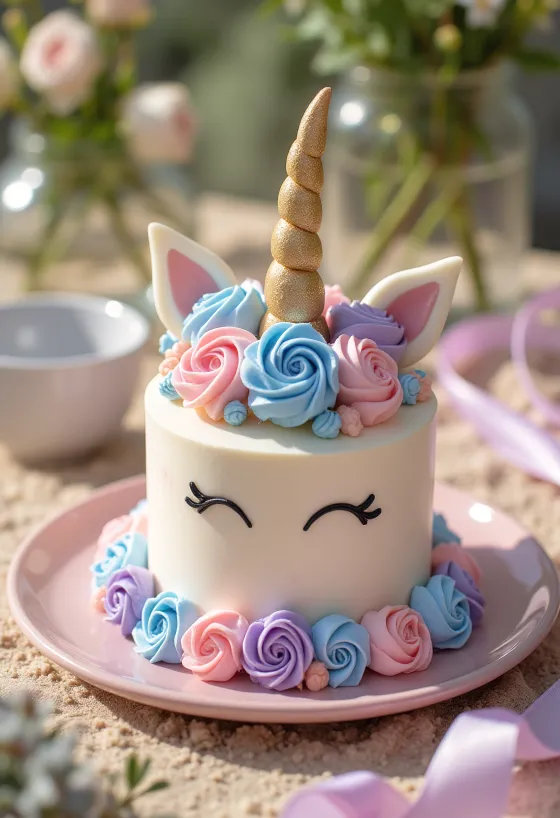 Tarta unicornio con capas de colores y fondant