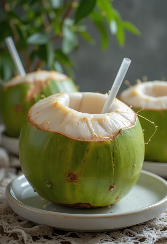 Agua de coco fresca en un coco verde