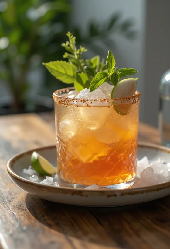 Cóctel Mai Tai decorado con hoja de menta y rodaja de lima