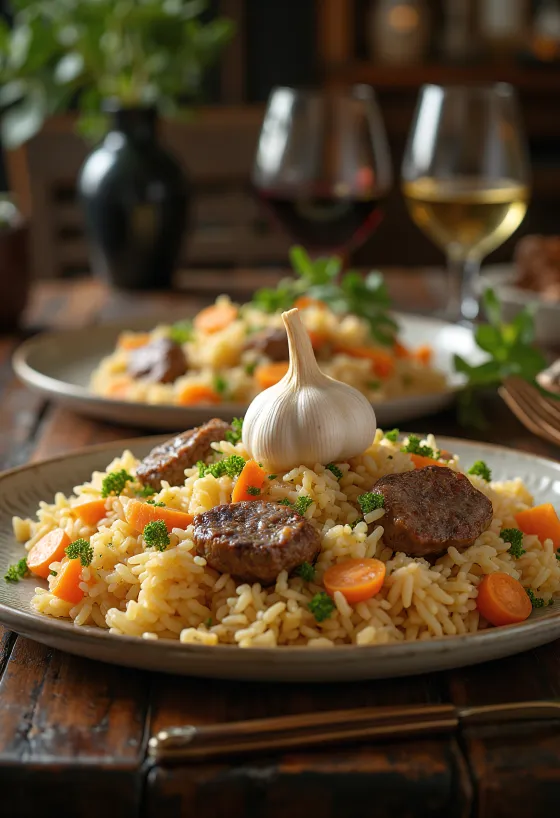 Pilaf con cordero servido