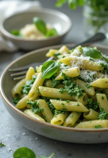 Pasta cremosa con espinacas espolvoreada con parmesano fresco, servida en plato blanco