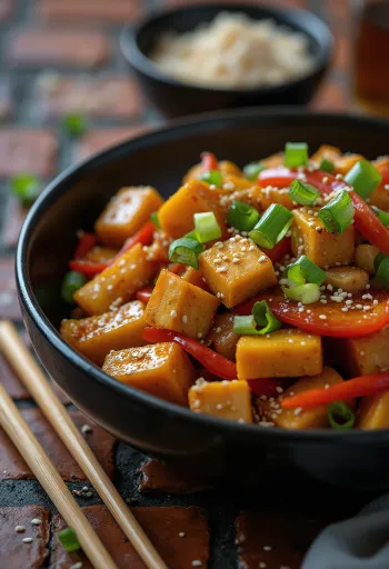 Wok de calabaza y tofu emplatado