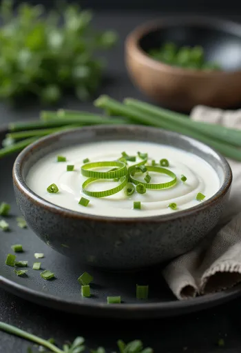 Salsa de cebollino a la crema en un bol con cebollino fresco.