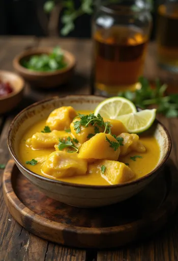 Tenga servido con manzana de elefante y pollo, decorado con cilantro fresco